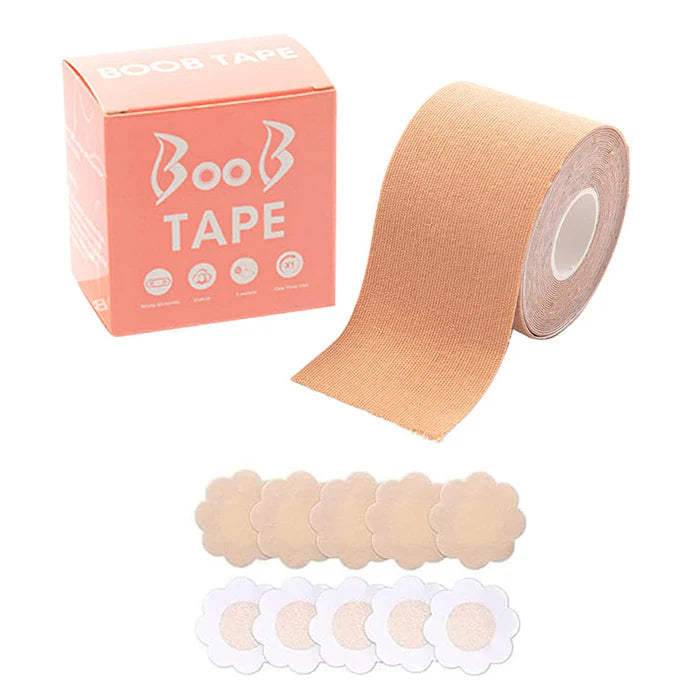 Boob Tape with 10 Pairs Nipple Cover Cotton Wide Thin Breast Tape - Women's & Girl's Breast Lift Booby Tape - Bob Tape for Natural Breast Lift (1 Pc 5 Meters)