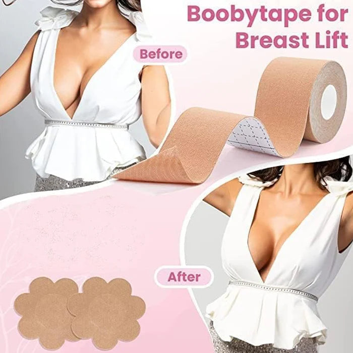 Boob Tape with 10 Pairs Nipple Cover Cotton Wide Thin Breast Tape - Women's & Girl's Breast Lift Booby Tape - Bob Tape for Natural Breast Lift (1 Pc 5 Meters)