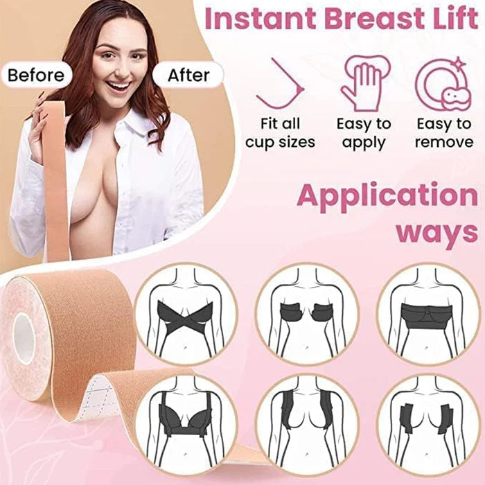 Boob Tape with 10 Pairs Nipple Cover Cotton Wide Thin Breast Tape - Women's & Girl's Breast Lift Booby Tape - Bob Tape for Natural Breast Lift (1 Pc 5 Meters)